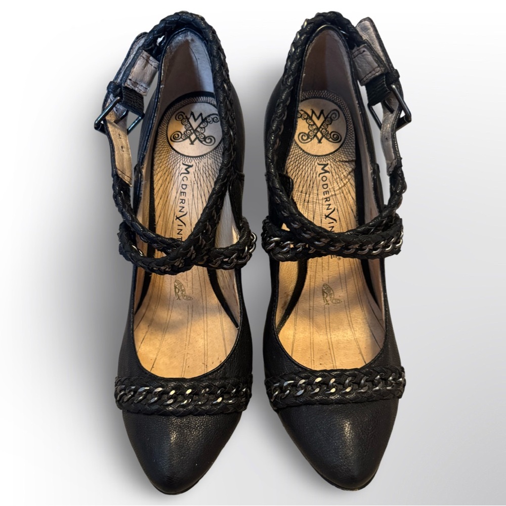 Modern Vintage Black Stiletto Italian Leather Heels with Straps — Size 7